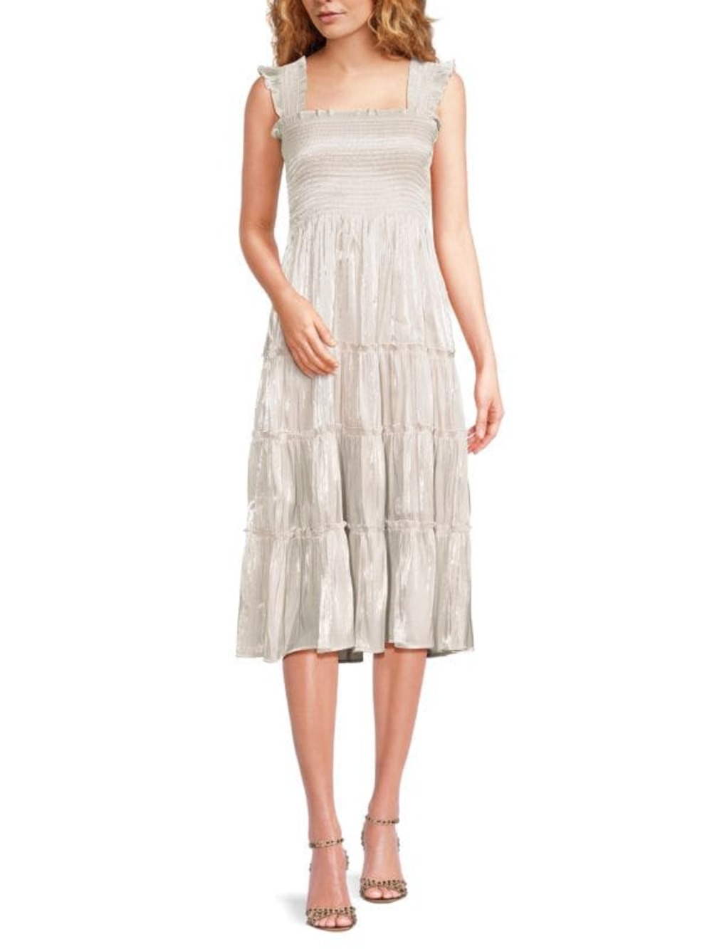 kourt Calypso Tiered Smocked Cream Elegant Casual Shine Midi Dress Medium